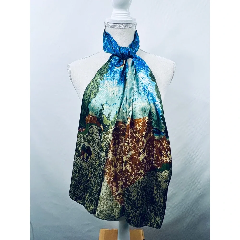 Robin Ruth Scarf  Multicolor Impressionist‎ Landscape Art to Wear Print Silky